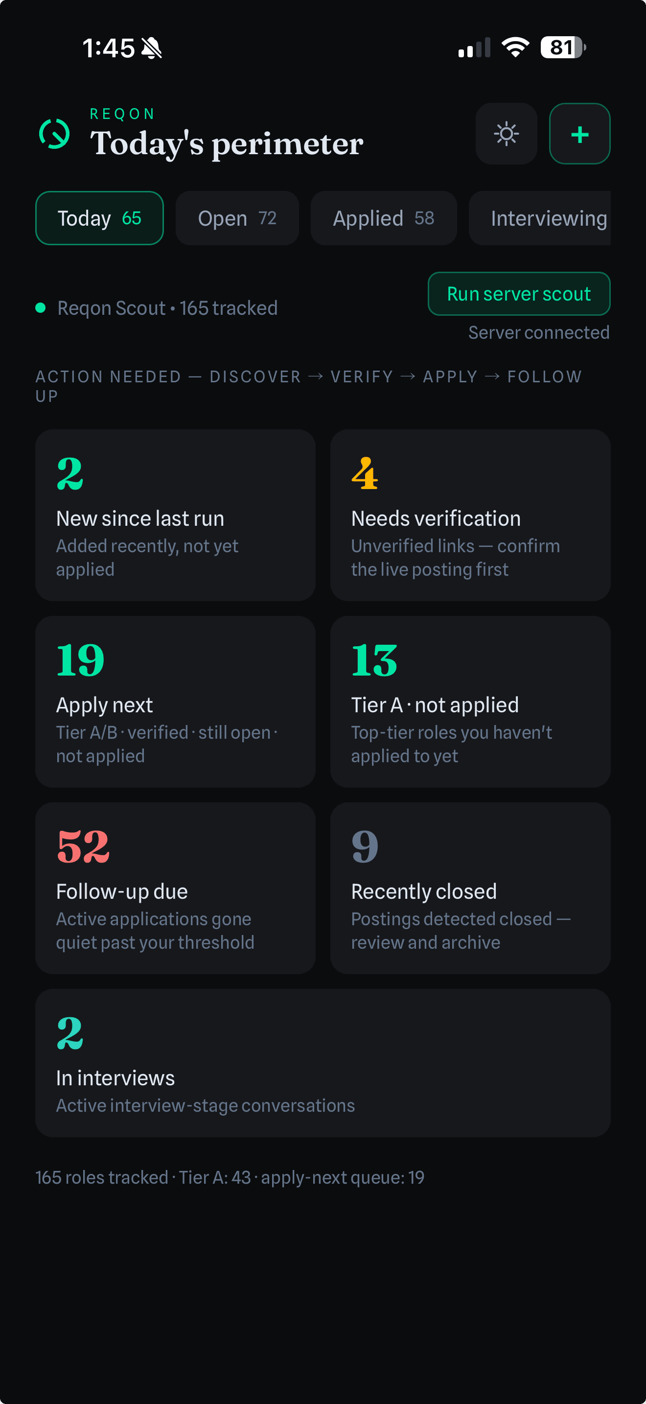 Reqon mobile companion app showing today's pipeline summary